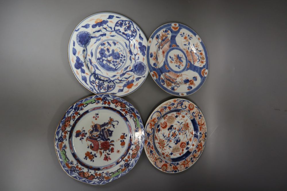 Four 18th century Chinese Imari dishes, 22.5cm, painted underglaze in typical palette